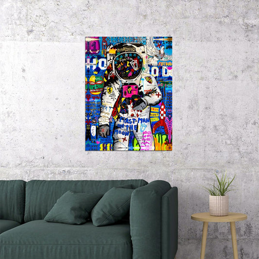 First Man On The Moon Graffiti Astronaut Art Poster Vibrant Street Style Wall Decor Featuring Space and Urban Art Fusion Modern Wall Art Print - xonomax