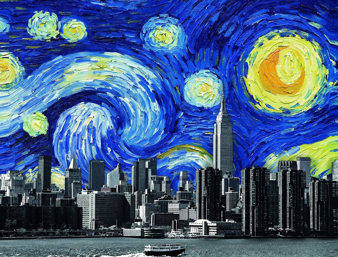 Starry Night City Skyline Art Poster Modern Fusion Wall Decor Van Gogh-Inspired Urban Design Wall Print - xonomax
