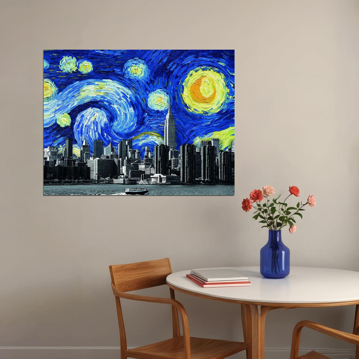 Starry Night City Skyline Art Poster Modern Fusion Wall Decor Van Gogh-Inspired Urban Design Wall Print - xonomax