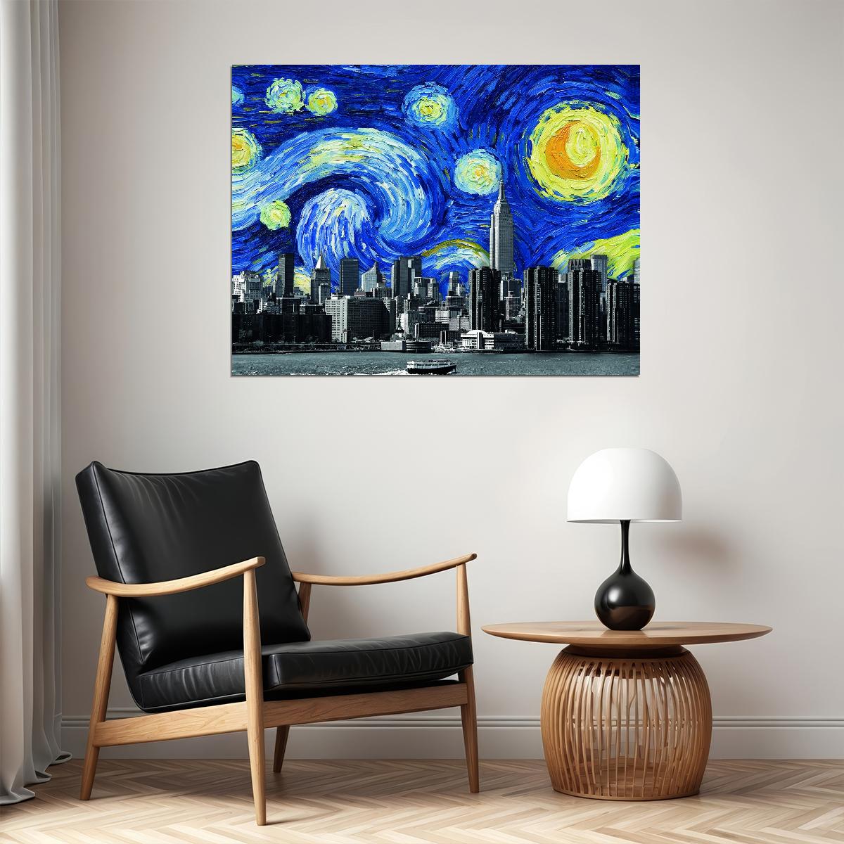 Starry Night City Skyline Art Poster Modern Fusion Wall Decor Van Gogh-Inspired Urban Design Wall Print - xonomax