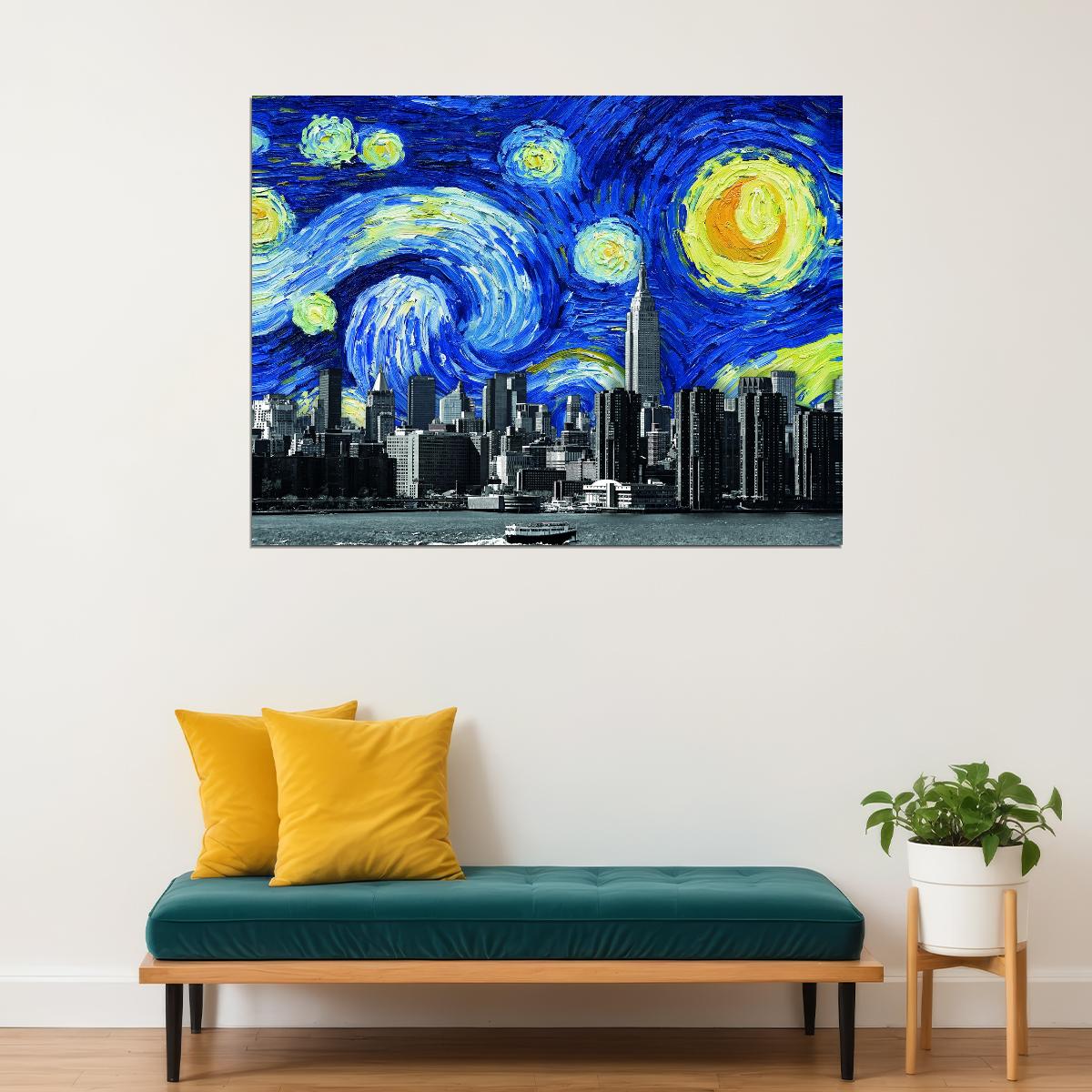 Starry Night City Skyline Art Poster Modern Fusion Wall Decor Van Gogh-Inspired Urban Design Wall Print - xonomax