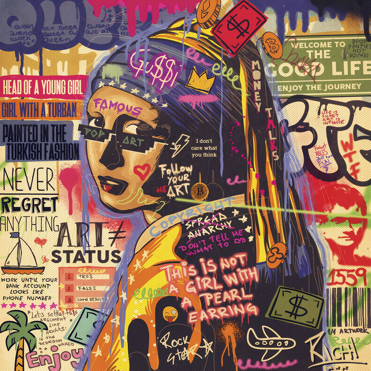 Girl With The Pearl Graffiti Art Poster Vibrant Wall Decor Modern Street Style Twist Classic Artwork Wall Print - xonomax
