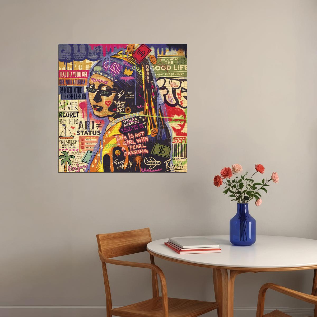 Girl With The Pearl Graffiti Art Poster Vibrant Wall Decor Modern Street Style Twist Classic Artwork Wall Print - xonomax