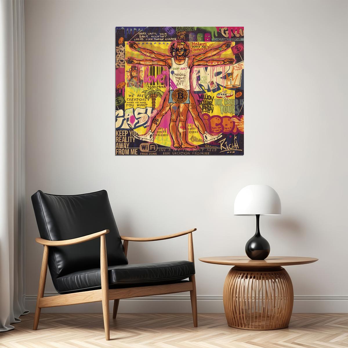Vitruvian Man Bitcoin Poster Graffiti Pop Art Modern Crypto Artwork - xonomax