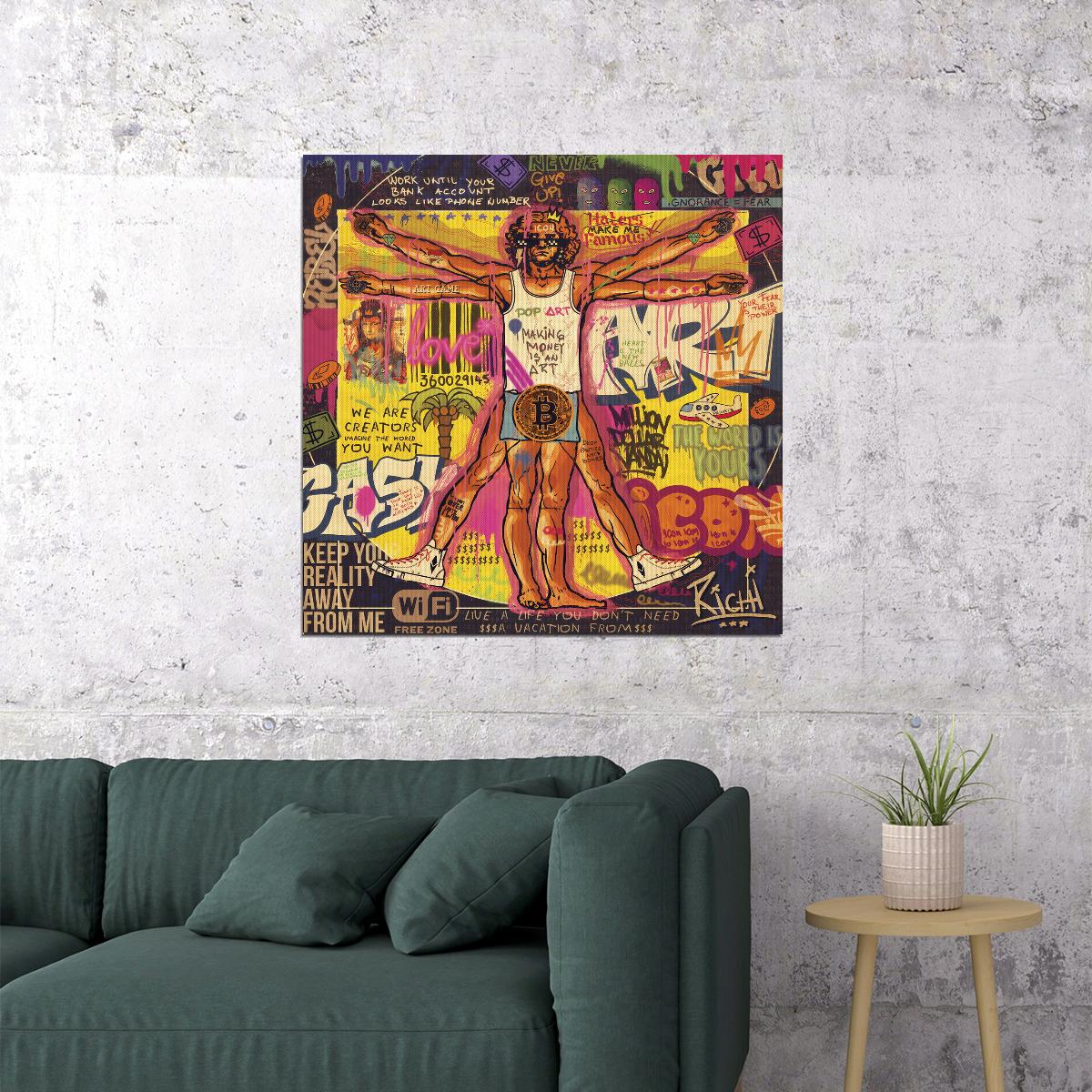 Vitruvian Man Bitcoin Poster Graffiti Pop Art Modern Crypto Artwork - xonomax