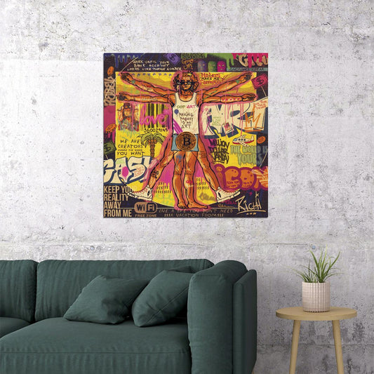 Vitruvian Man Bitcoin Poster Graffiti Pop Art Modern Crypto Artwork - xonomax