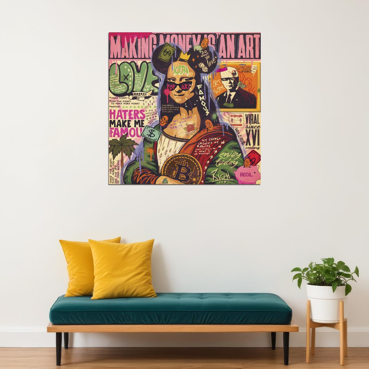 Mona Lisa Bitcoin Graffiti Pop Art Poster Modern Street Art Leonardo da Vinci Tribute Print - xonomax
