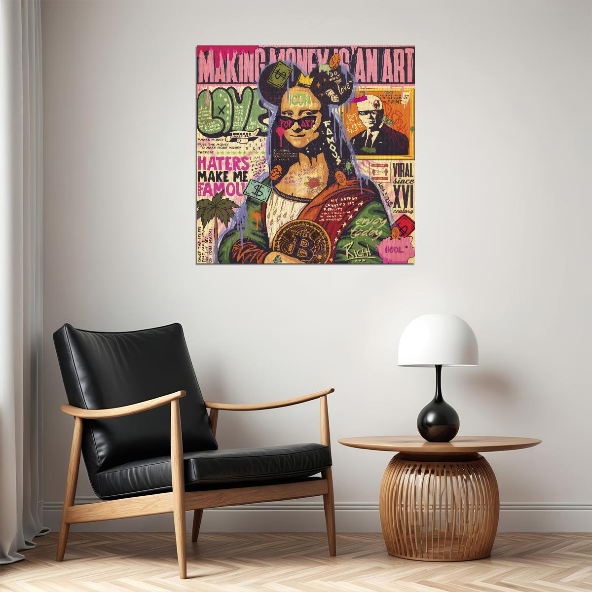 Mona Lisa Bitcoin Graffiti Pop Art Poster Modern Street Art Leonardo da Vinci Tribute Print - xonomax