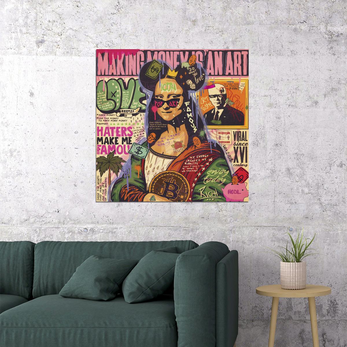 Mona Lisa Bitcoin Graffiti Pop Art Poster Modern Street Art Leonardo da Vinci Tribute Print - xonomax
