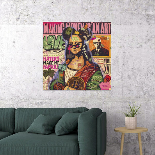 Mona Lisa Bitcoin Graffiti Pop Art Poster Modern Street Art Leonardo da Vinci Tribute Print - xonomax
