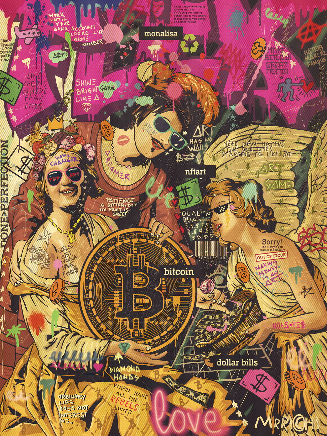 Mona Lisa Bitcoin Pop Art Poster Graffiti Street Art Modern Cryptocurrency Tribute Print - xonomax