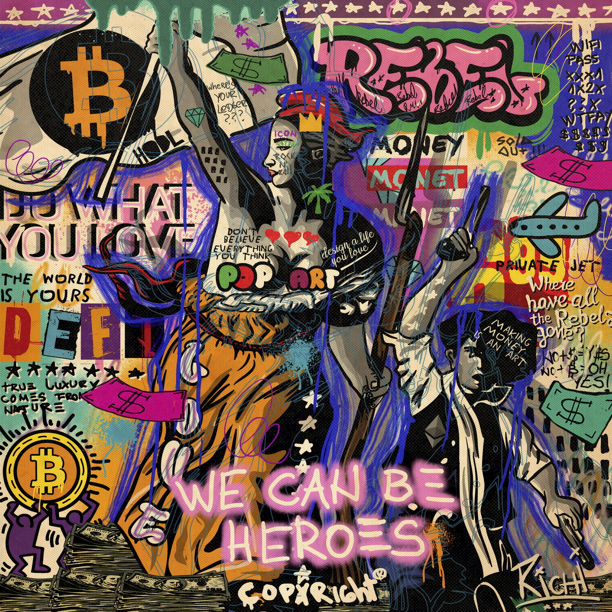 We Can Be Heroes Pop Art Poster Graffiti Street Art Bitcoin Crypto Revolution Print - xonomax