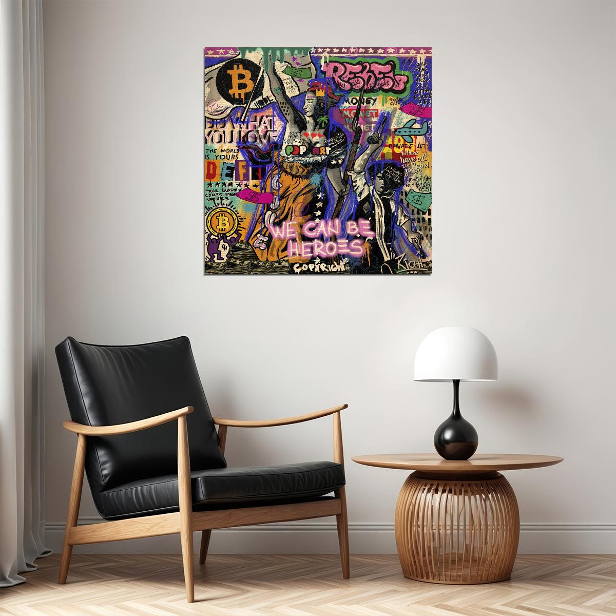We Can Be Heroes Pop Art Poster Graffiti Street Art Bitcoin Crypto Revolution Print - xonomax