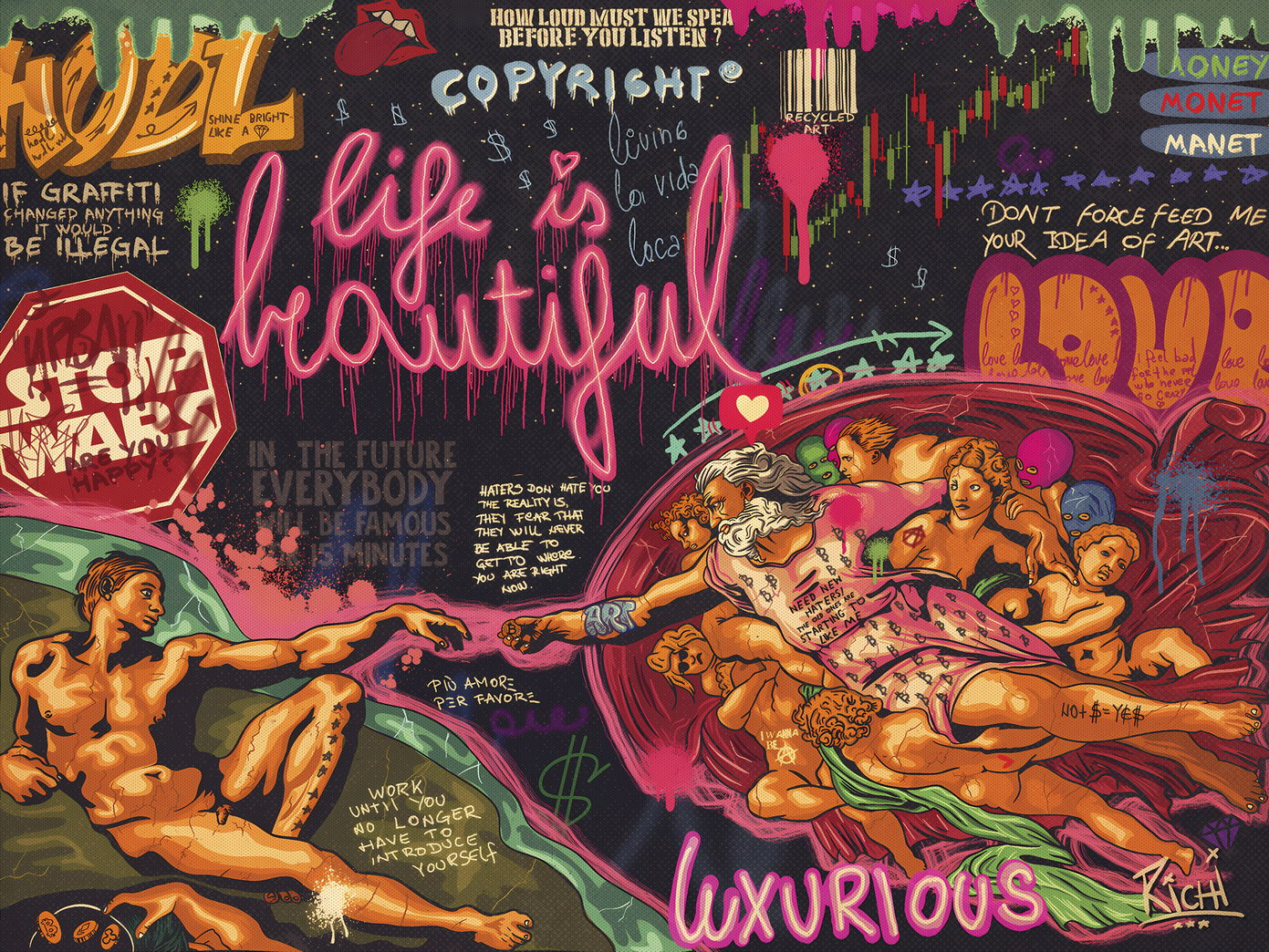 Creation of Adam Pop Art Poster Graffiti Street Art Michelangelo Modern Life Is Beautiful Print - xonomax