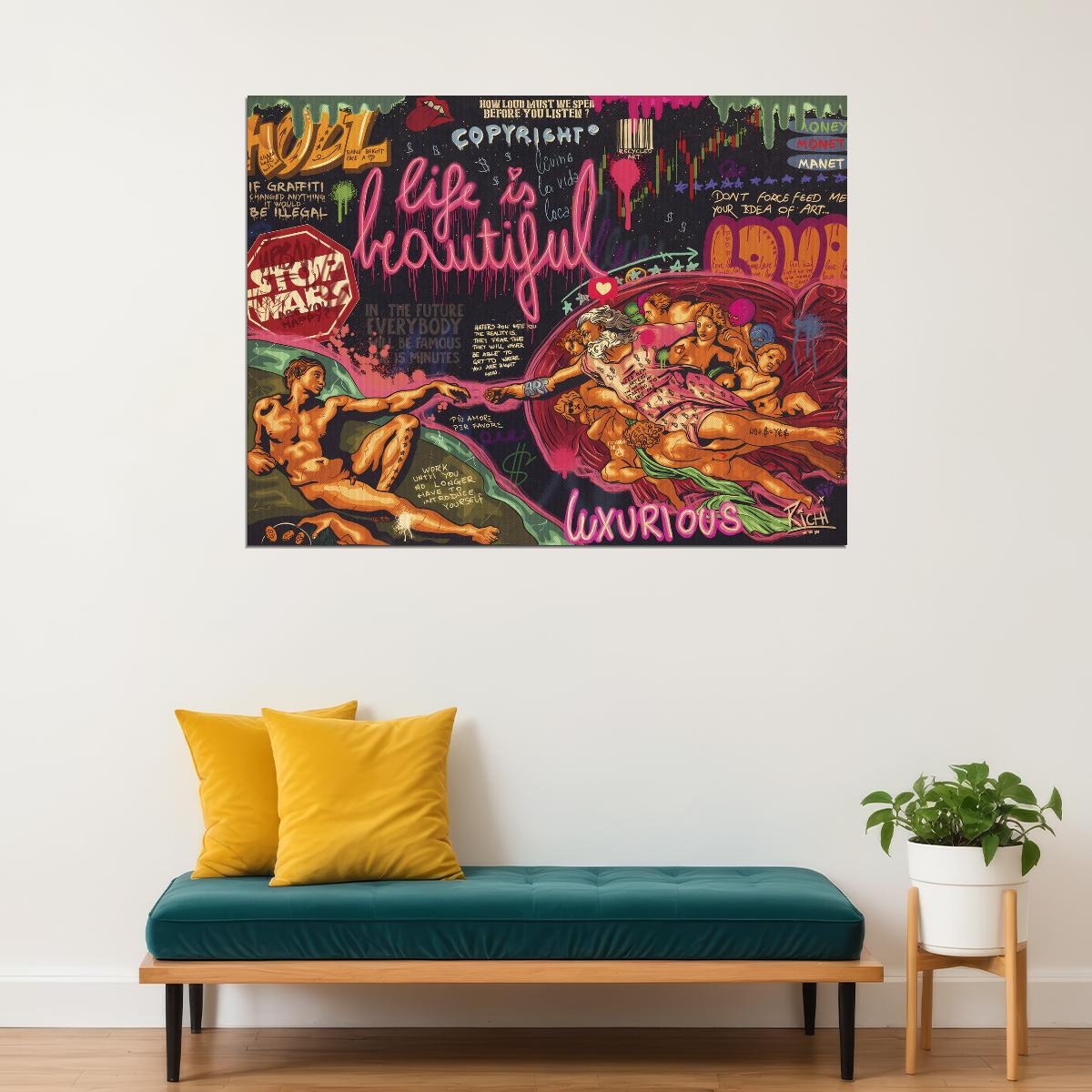 Creation of Adam Pop Art Poster Graffiti Street Art Michelangelo Modern Life Is Beautiful Print - xonomax