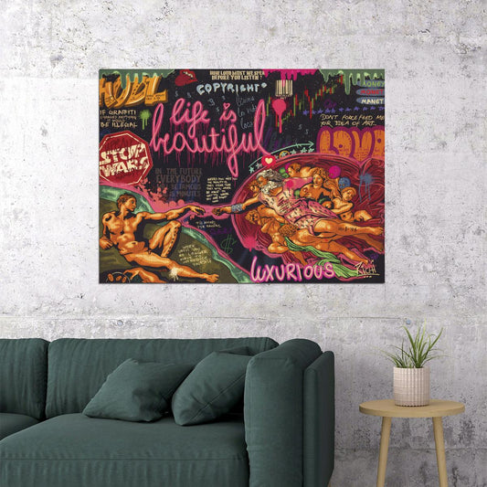 Creation of Adam Pop Art Poster Graffiti Street Art Michelangelo Modern Life Is Beautiful Print - xonomax