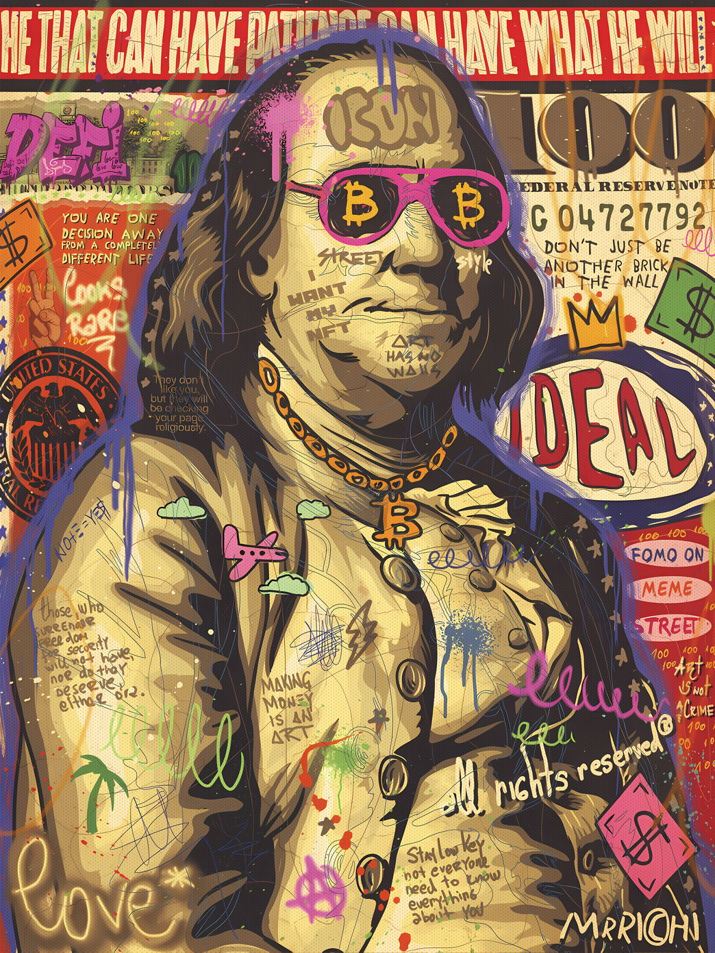 Benjamin Franklin Pop Art Poster Graffiti Street Art Bitcoin Founding Father Modern Print - xonomax