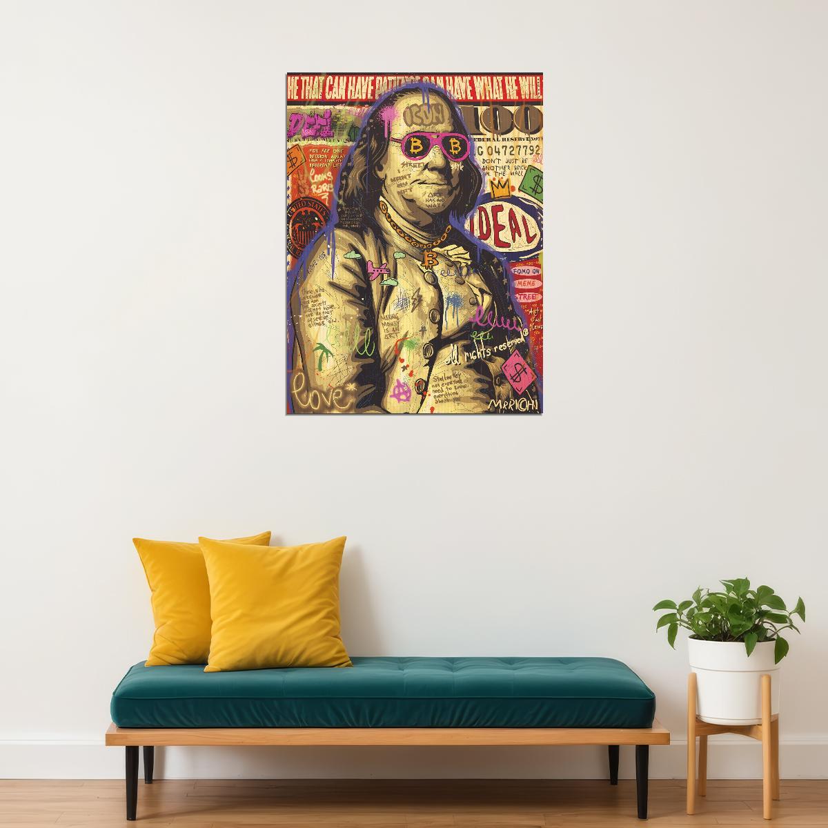 Benjamin Franklin Pop Art Poster Graffiti Street Art Bitcoin Founding Father Modern Print - xonomax
