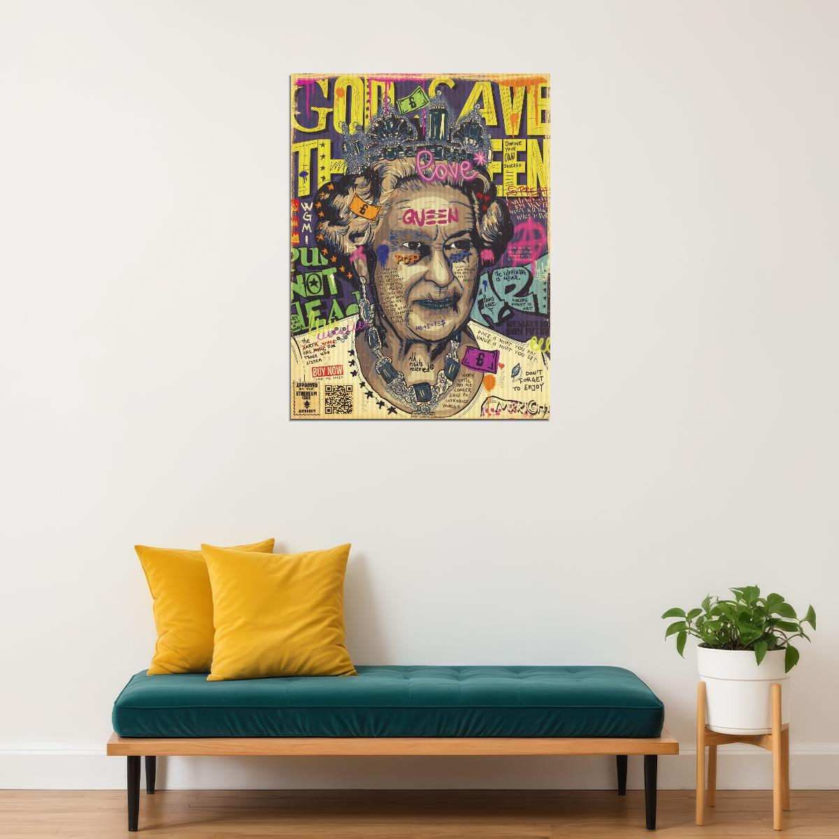 Queen Elizabeth II Pop Art Poster Graffiti Street Art British Monarch Tribute Modern Print - xonomax