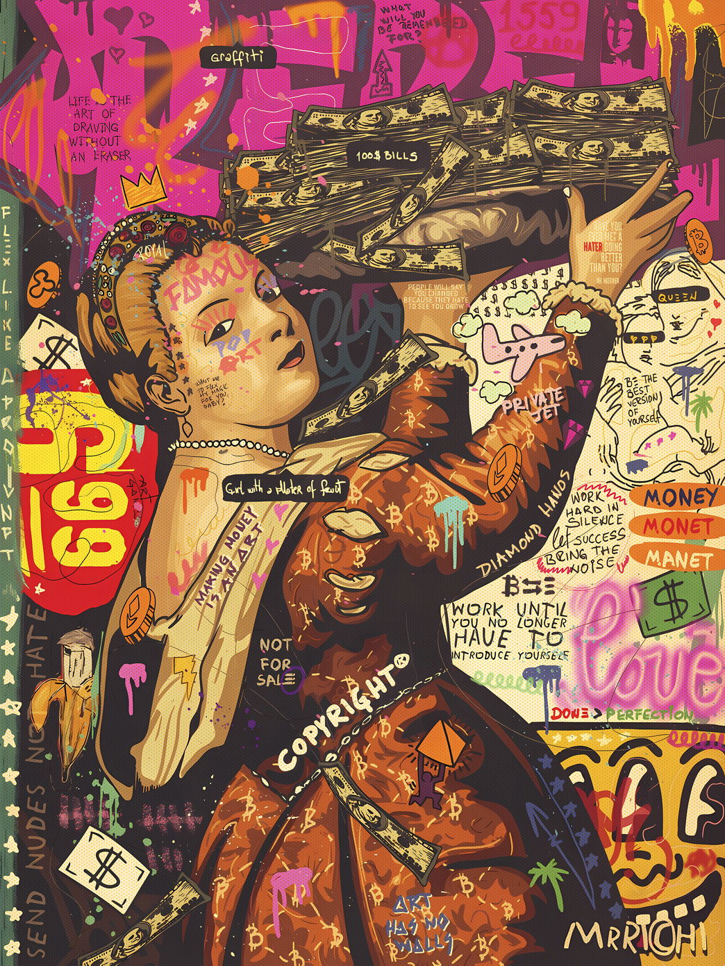 Renaissance Noblewoman Flex Pop Art Poster Graffiti Street Art Money Theme Modern Twist Print - xonomax