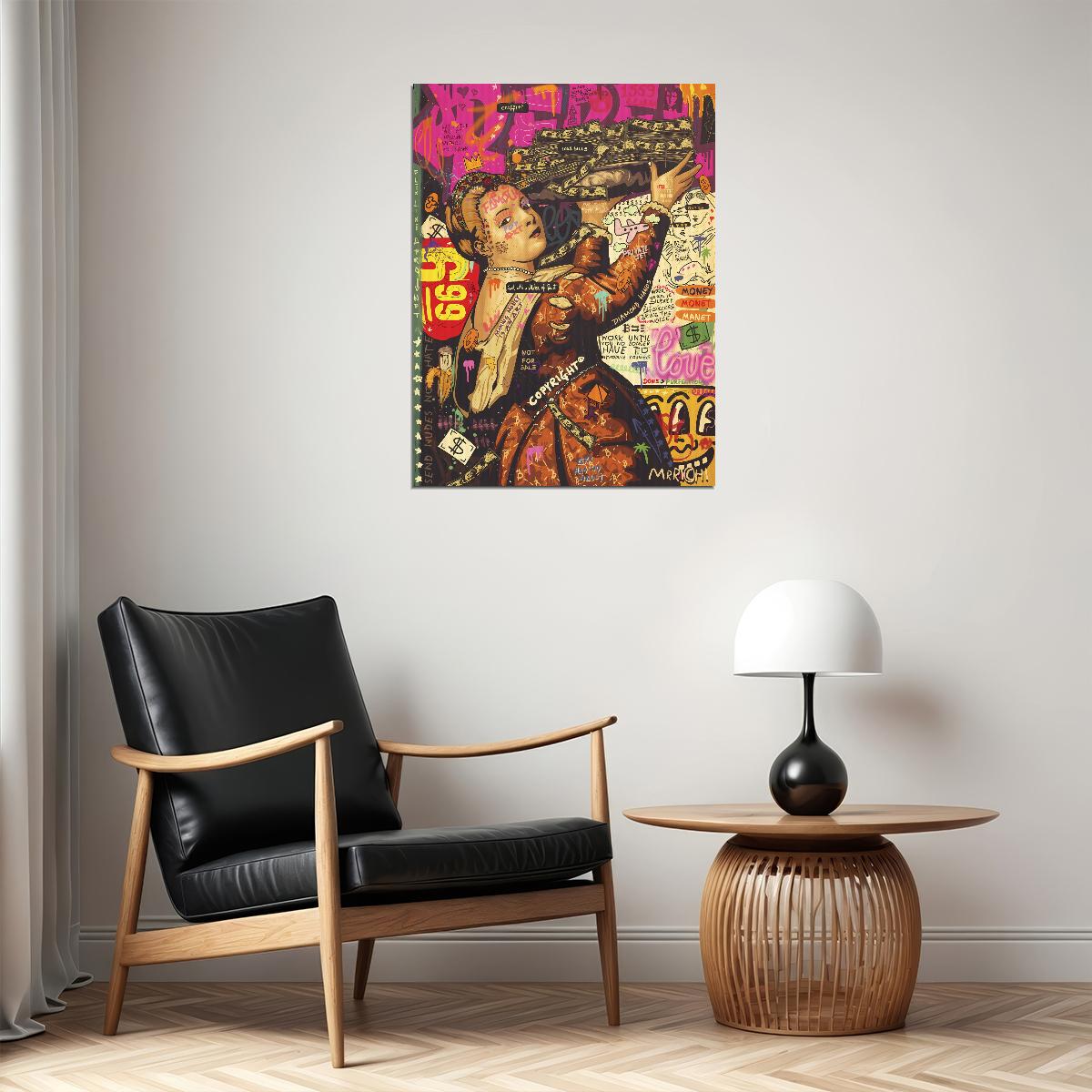 Renaissance Noblewoman Flex Pop Art Poster Graffiti Street Art Money Theme Modern Twist Print - xonomax