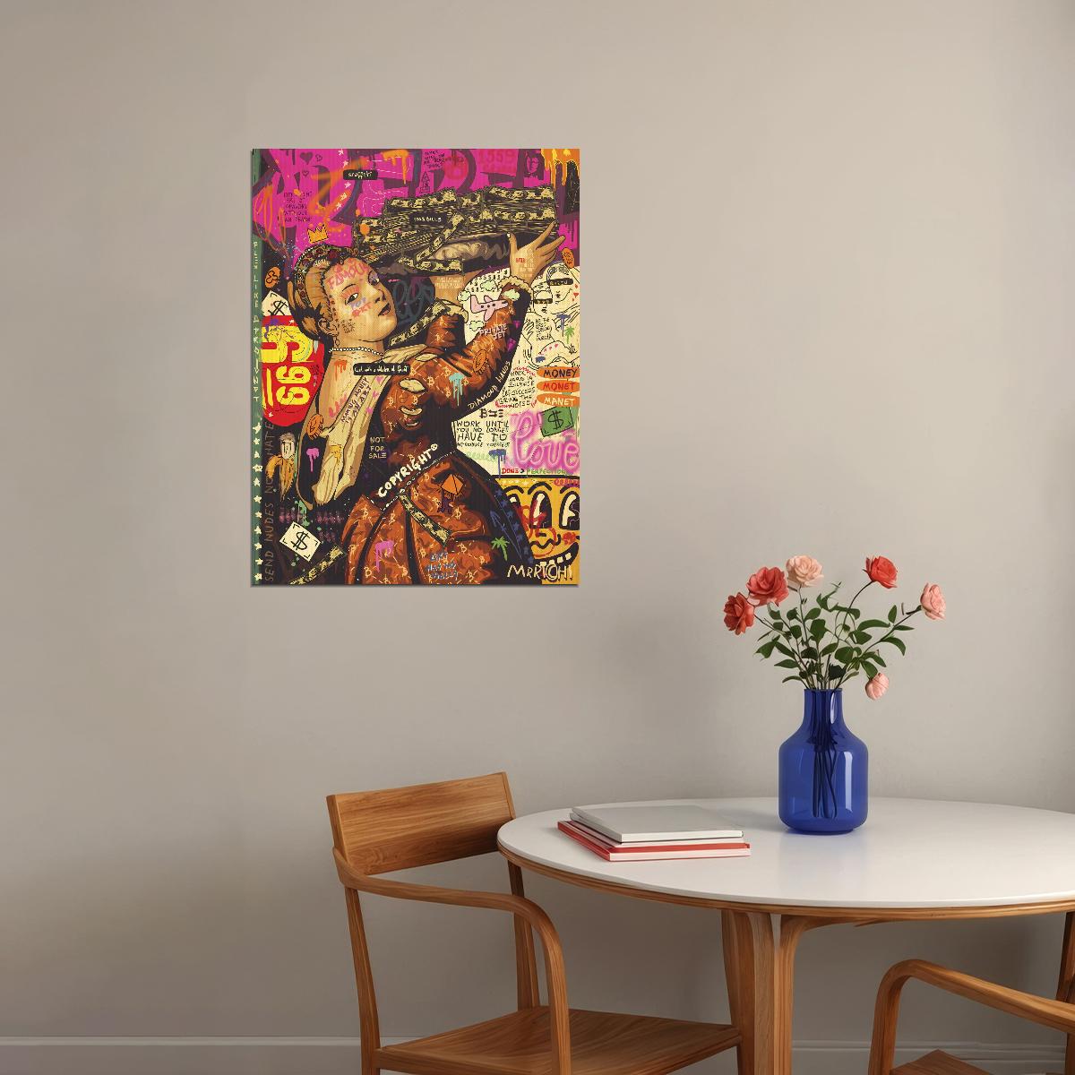 Renaissance Noblewoman Flex Pop Art Poster Graffiti Street Art Money Theme Modern Twist Print - xonomax
