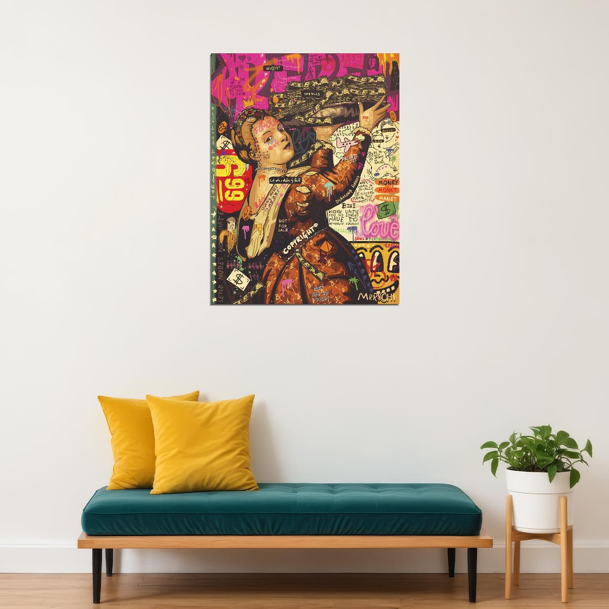 Renaissance Noblewoman Flex Pop Art Poster Graffiti Street Art Money Theme Modern Twist Print - xonomax