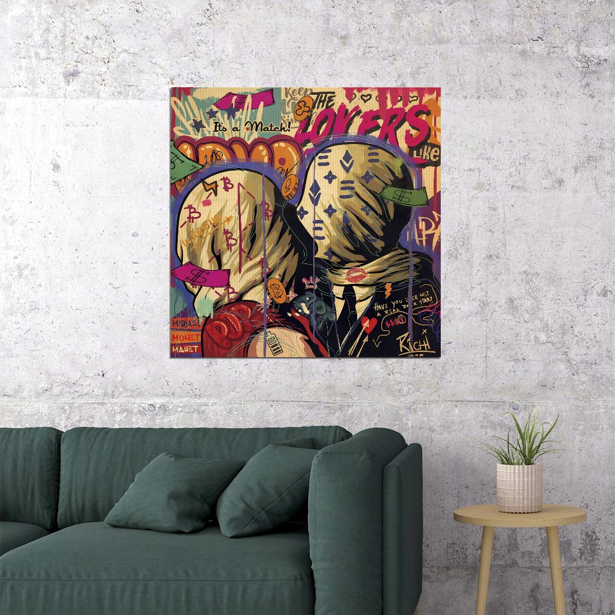 The Lovers Pop Art Poster Graffiti Street Art Magritte Tribute Modern Surrealist Print - xonomax