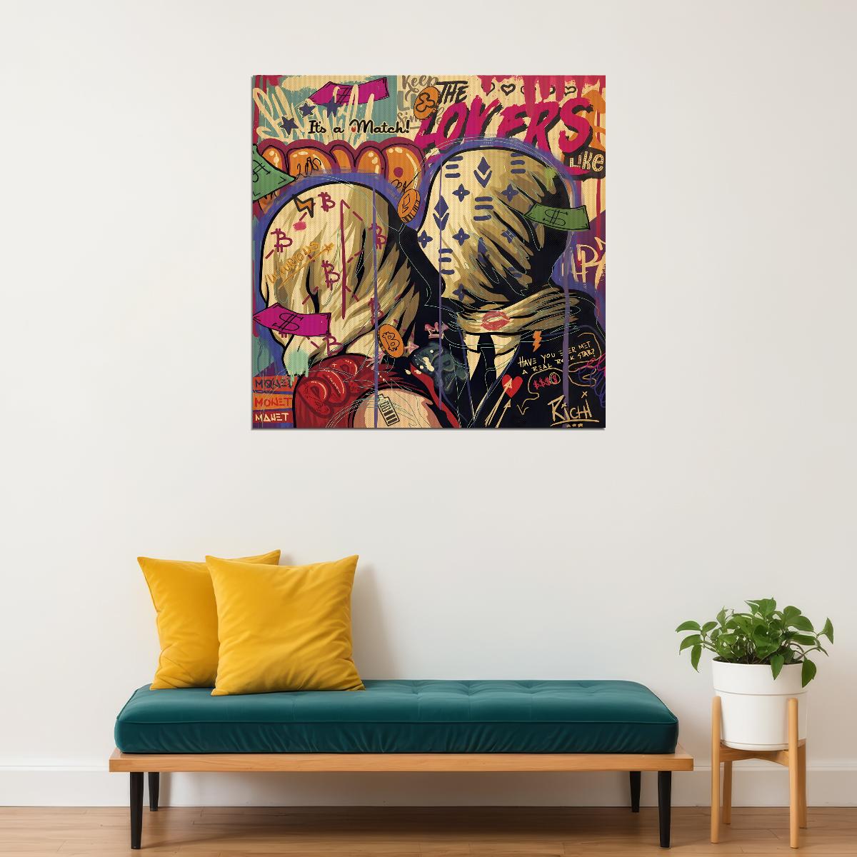 The Lovers Pop Art Poster Graffiti Street Art Magritte Tribute Modern Surrealist Print - xonomax