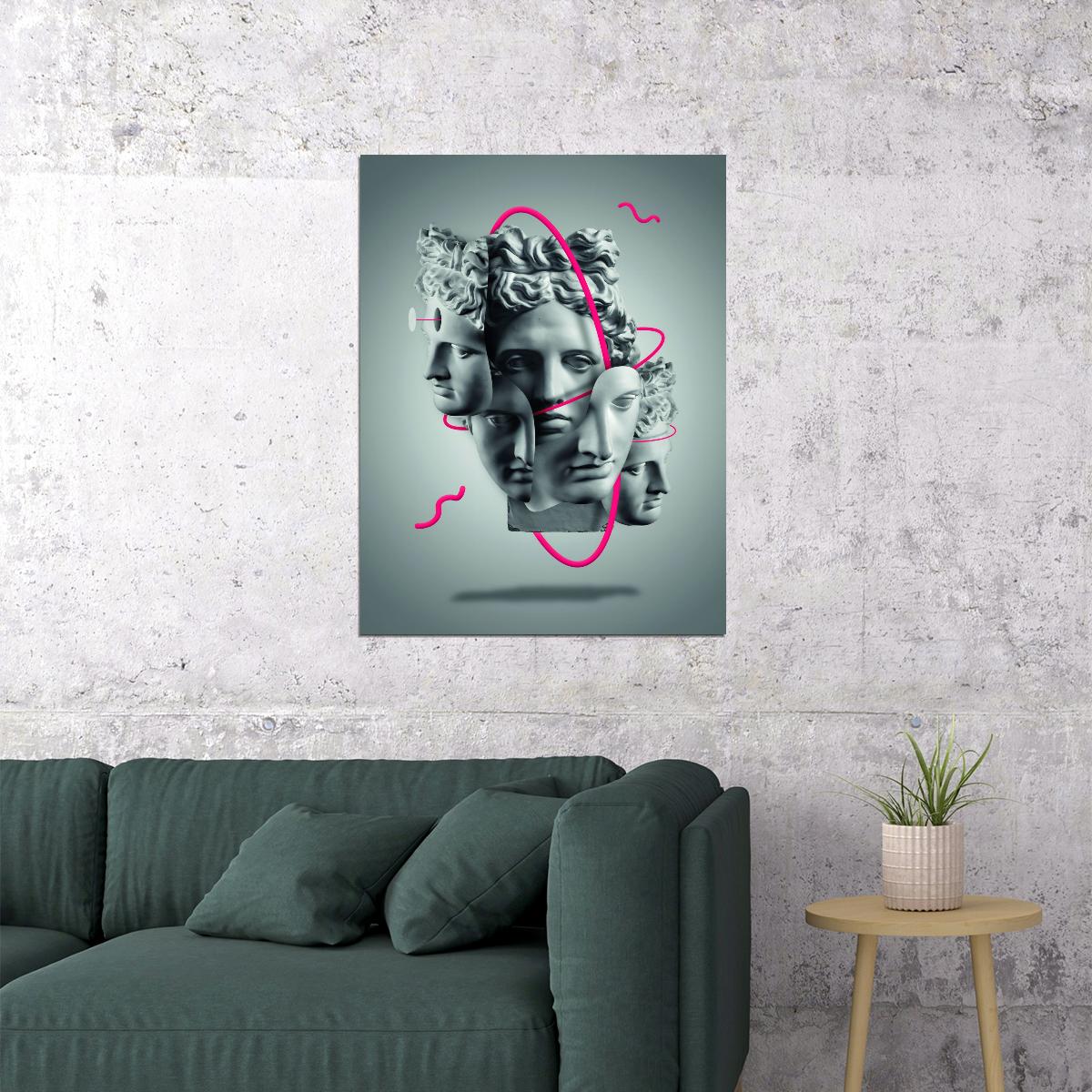 Greek Sculpture Pop Art Poster Surreal Graffiti Street Art Multiple Faces Modern Abstract Print - xonomax