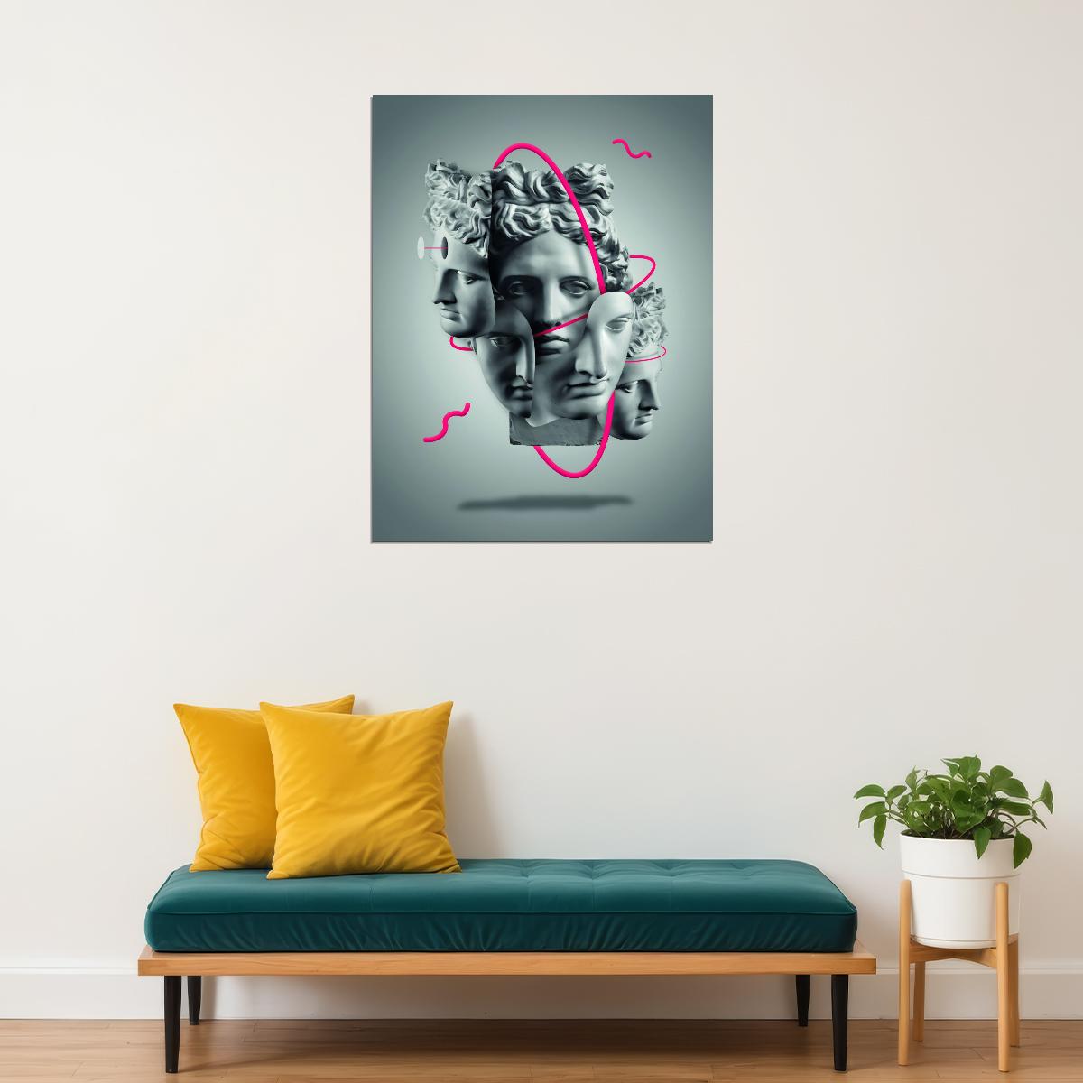 Greek Sculpture Pop Art Poster Surreal Graffiti Street Art Multiple Faces Modern Abstract Print - xonomax