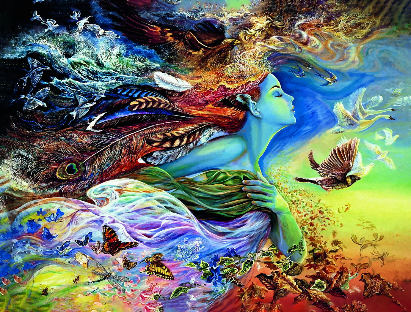 Nature Goddess Fantasy Art Poster Colorful Surreal Artwork Mythical Elements Birds and Butterflies Modern Wall Art Print - xonomax