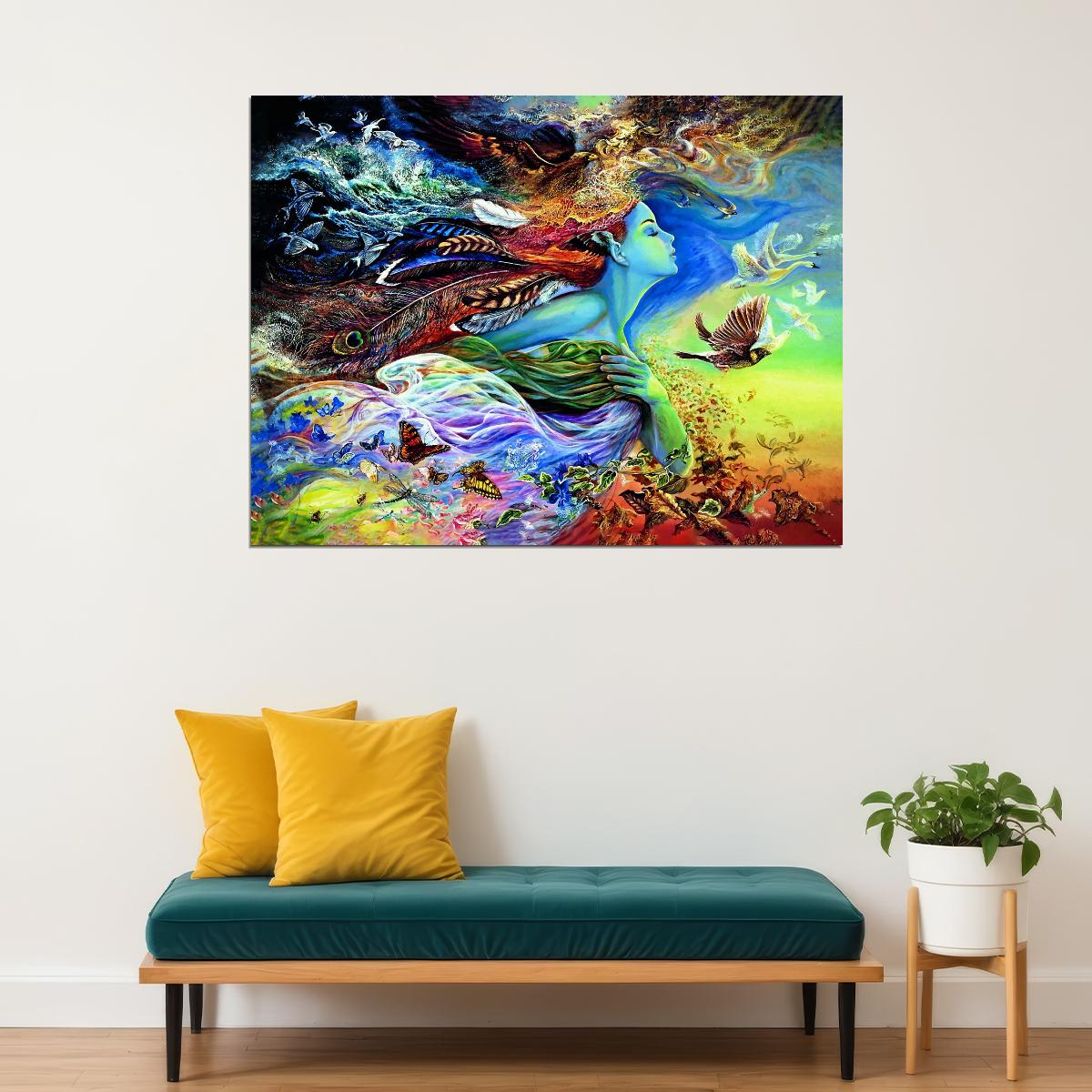 Nature Goddess Fantasy Art Poster Colorful Surreal Artwork Mythical Elements Birds and Butterflies Modern Wall Art Print - xonomax
