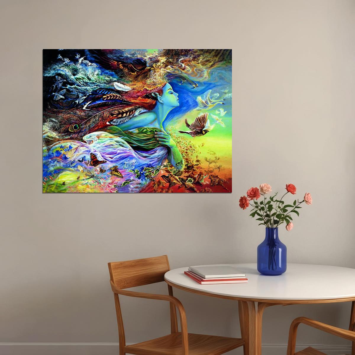 Nature Goddess Fantasy Art Poster Colorful Surreal Artwork Mythical Elements Birds and Butterflies Modern Wall Art Print - xonomax