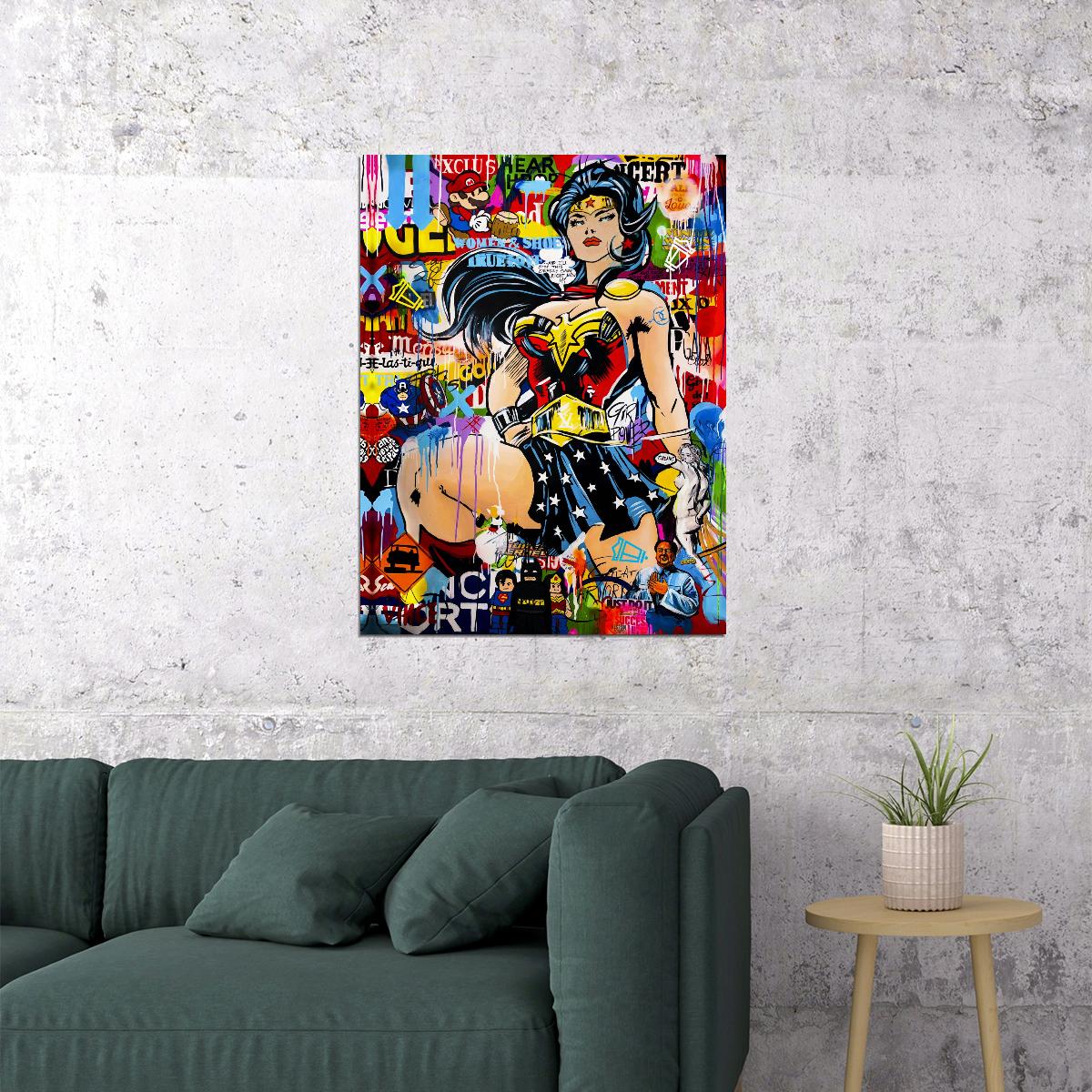 Wonder Woman Pop Art Poster Graffiti Street Art Superhero Comic Book Modern Tribute Print - xonomax