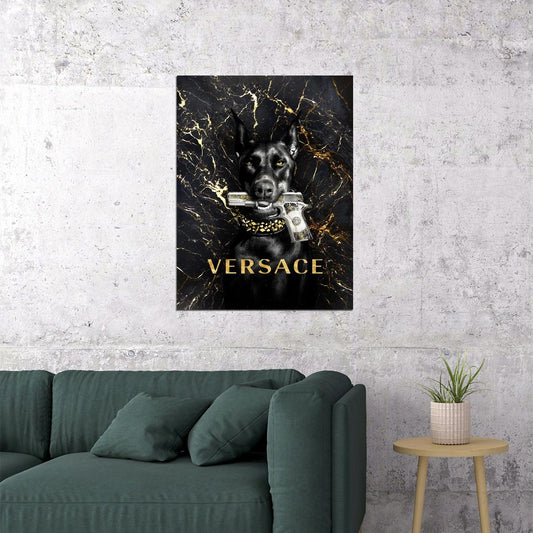 Versace Dog Gun Art Poster Bold Luxury Wall Decor Designer Iconic Modern Unique Artistic Office Wall Art Print - xonomax