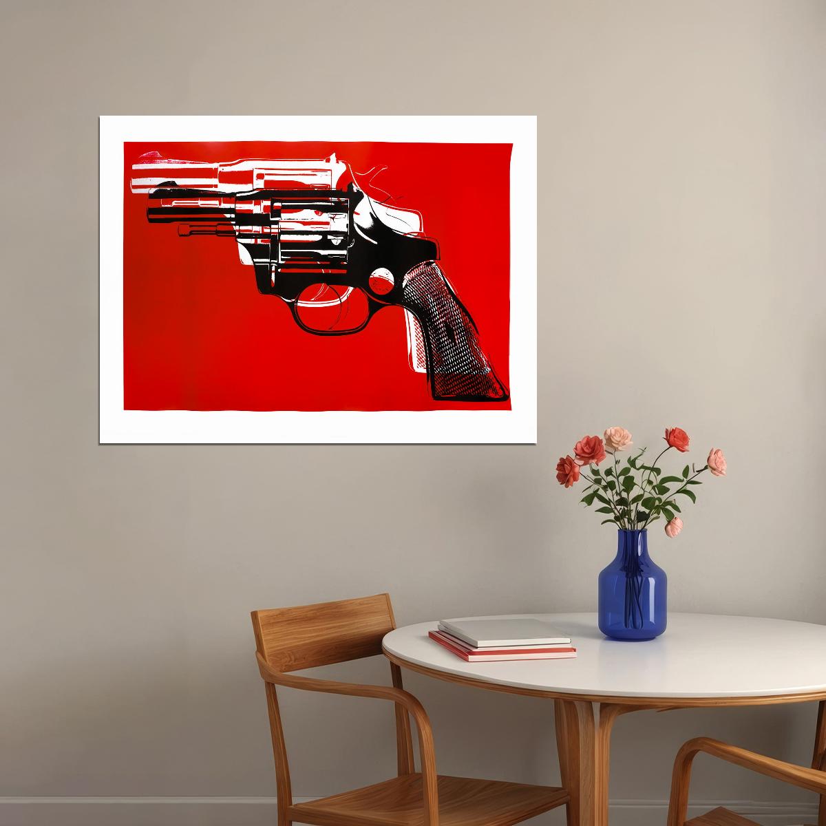 Red Revolver Art Poster Bold Designer Wall Decor Modern Artistic Style Unique Iconic Office Wall Art Print - xonomax
