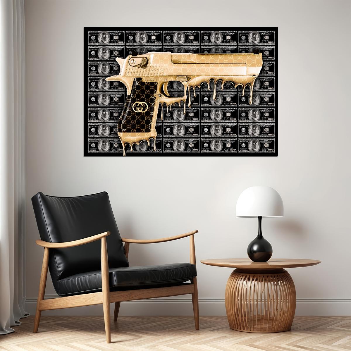 Golden Pistol Art Poster Luxury Wall Decor Bold Designer Modern Artistic Style Unique Iconic Office Wall Art Print - xonomax