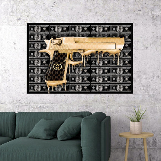 Golden Pistol Art Poster Luxury Wall Decor Bold Designer Modern Artistic Style Unique Iconic Office Wall Art Print - xonomax