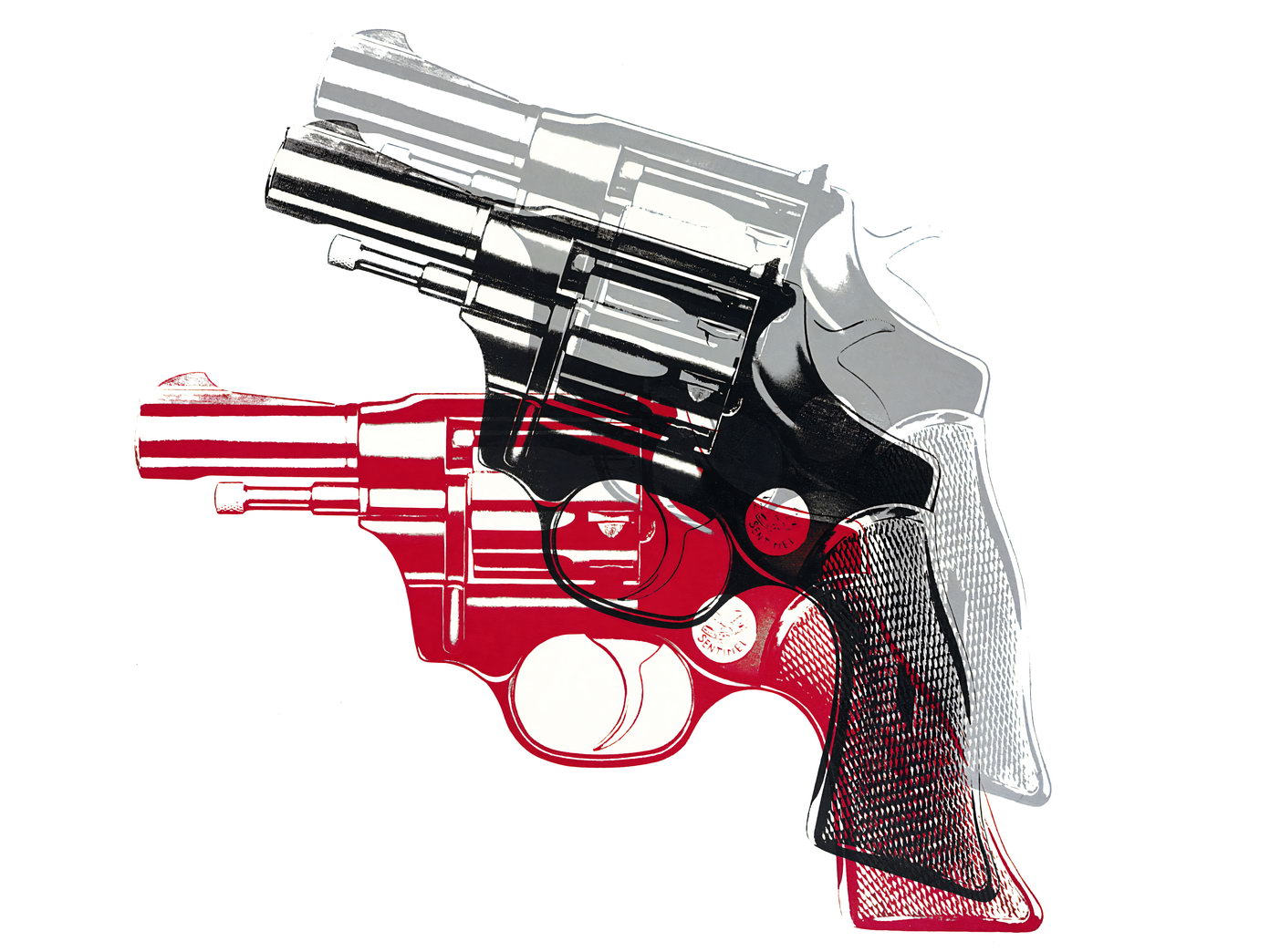 Red and White Revolver Art Poster Modern Designer Wall Decor Bold Artistic Style Unique Office Wall Art for Contemporary Spaces - xonomax