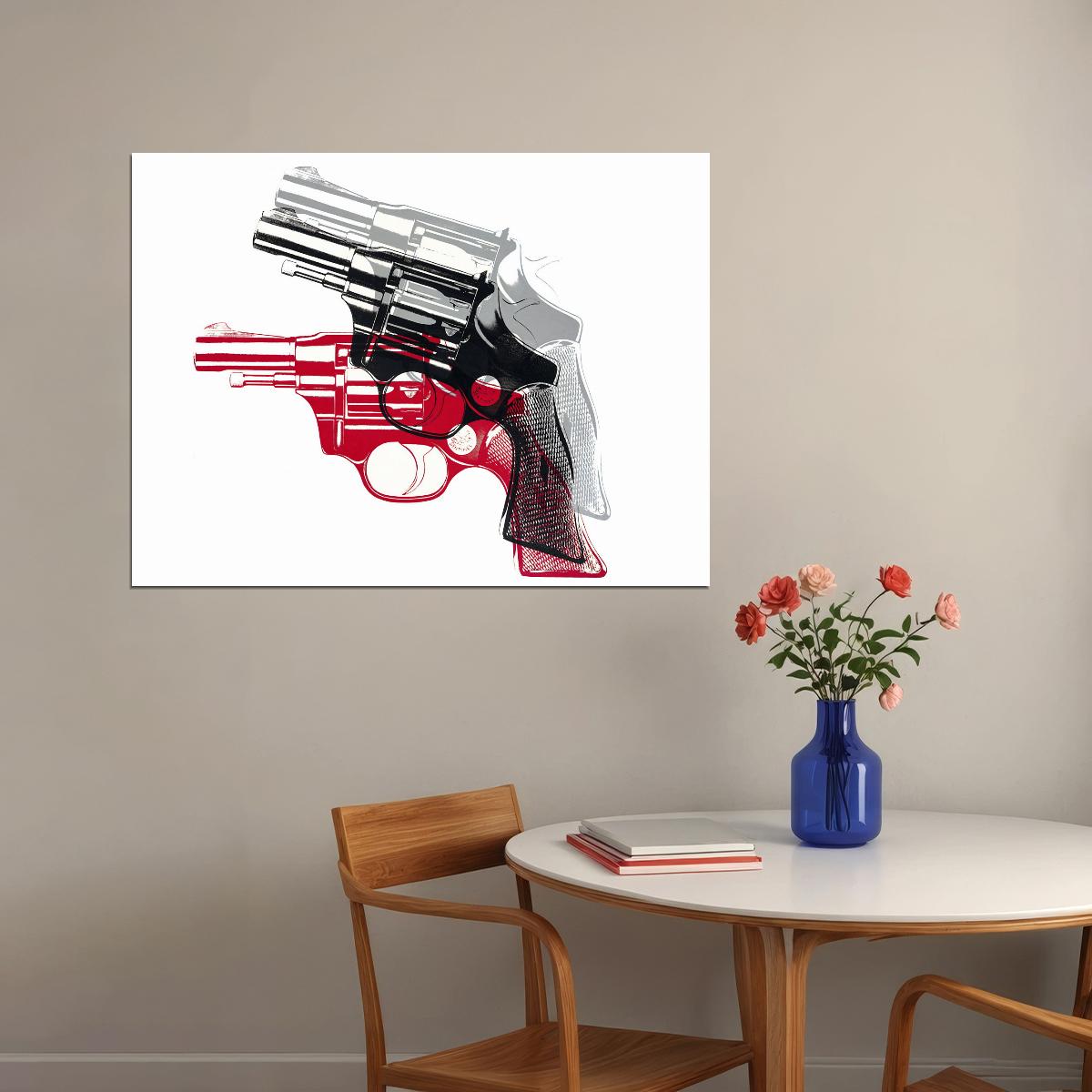 Red and White Revolver Art Poster Modern Designer Wall Decor Bold Artistic Style Unique Office Wall Art for Contemporary Spaces - xonomax