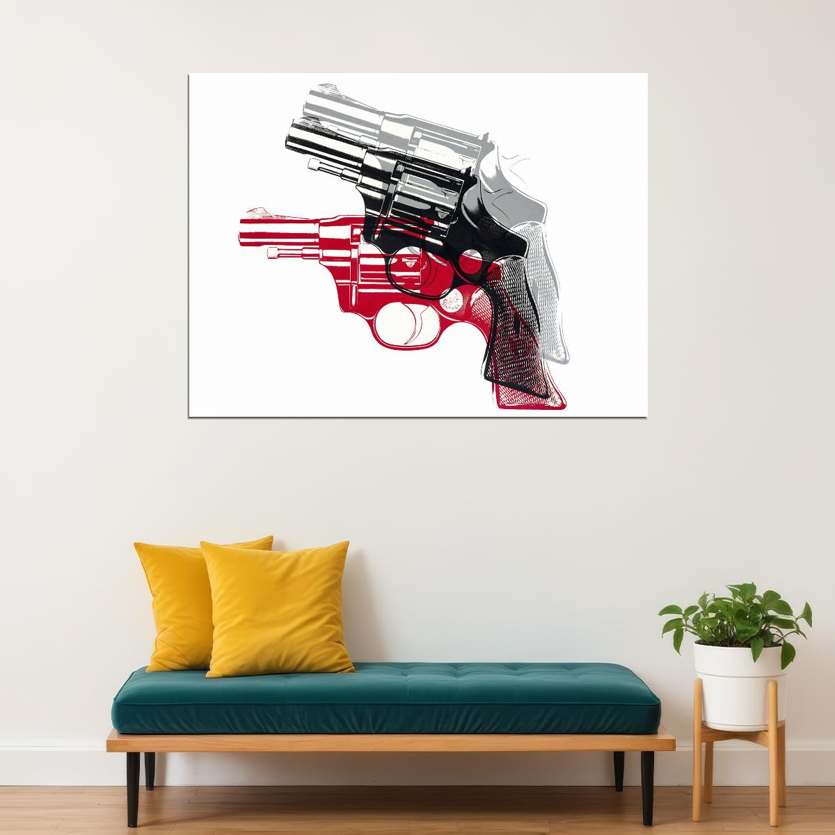Red and White Revolver Art Poster Modern Designer Wall Decor Bold Artistic Style Unique Office Wall Art for Contemporary Spaces - xonomax