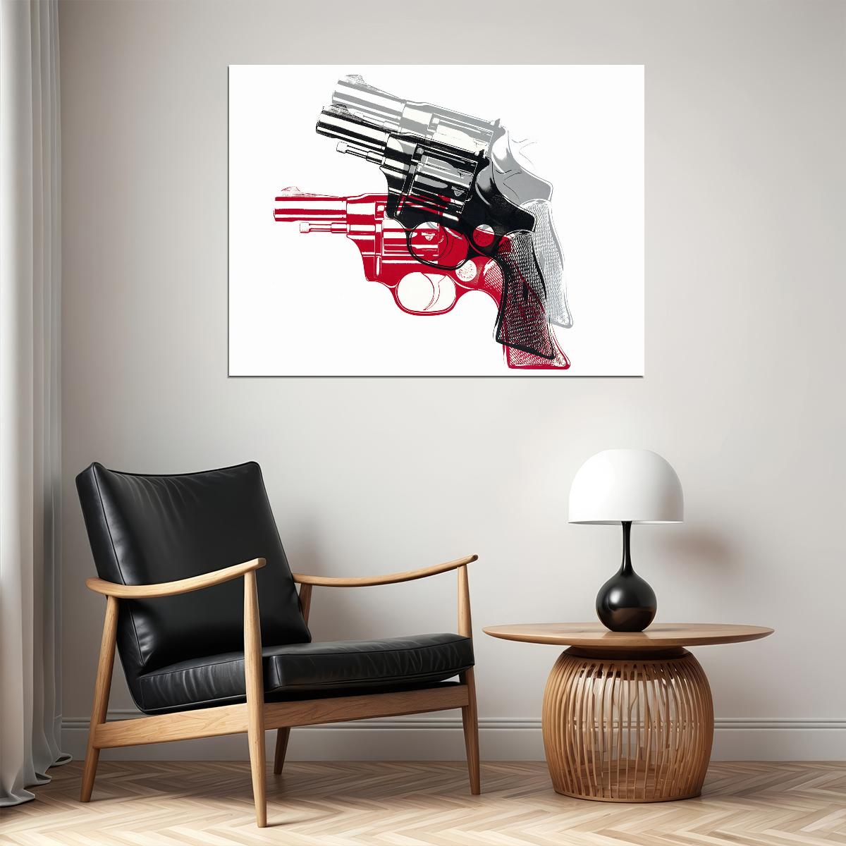 Red and White Revolver Art Poster Modern Designer Wall Decor Bold Artistic Style Unique Office Wall Art for Contemporary Spaces - xonomax