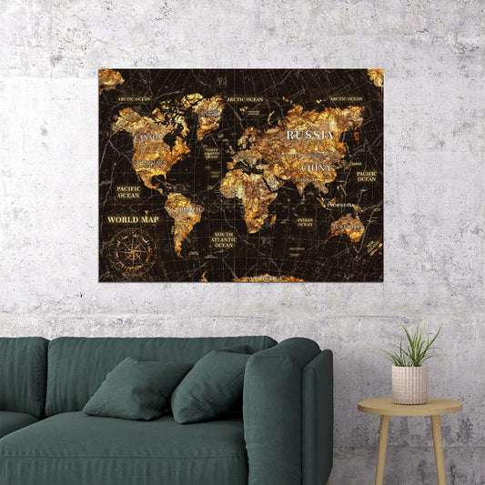 World Map Art Poster Vintage Gold Style Wall Decor Travel Themed Artistic Design Unique Map Wall Print - xonomax