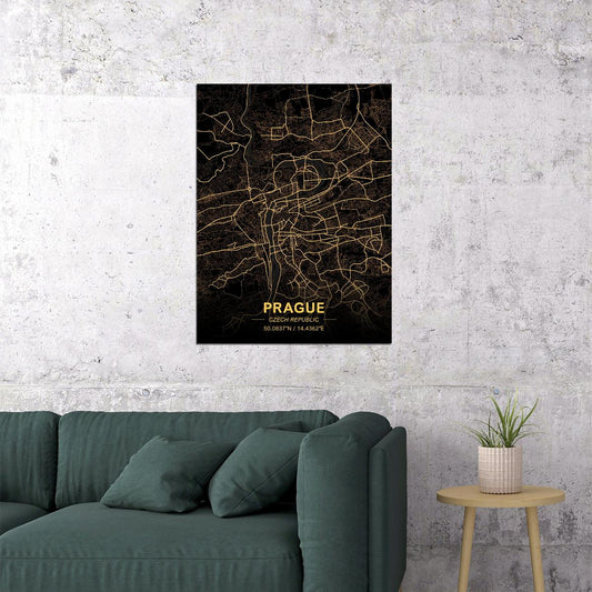 Prague Map Art Poster Black and Gold Wall Decor Modern Artistic City Map Design Unique Urban Wall Print - xonomax