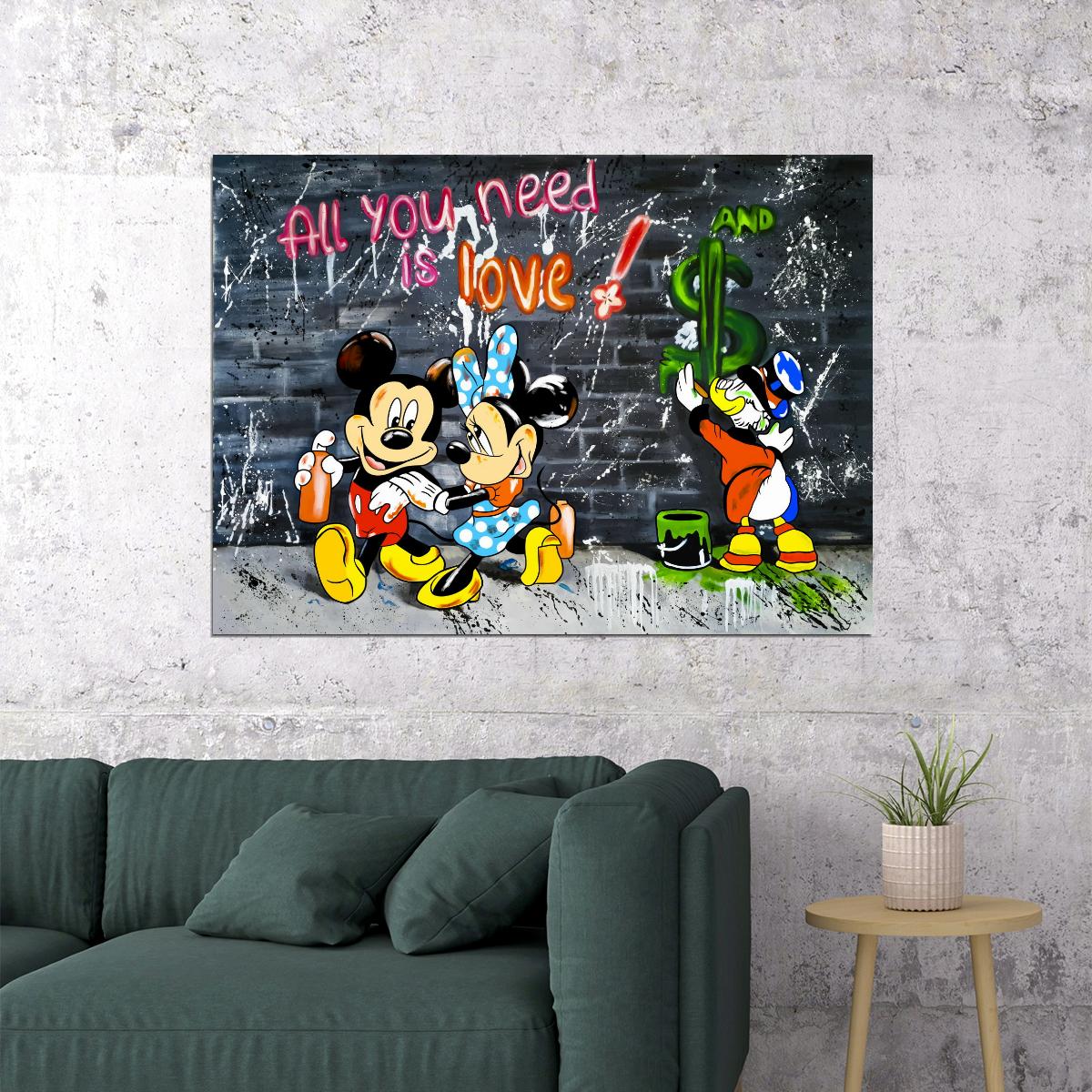 Mickey Mouse All You Need Is Love Graffiti Art Poster Urban Street Wall Decor Bold Cartoon Pop Art Style Wall Print - xonomax