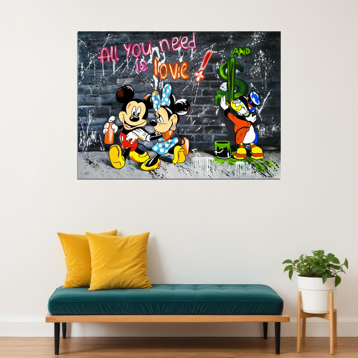 Mickey Mouse All You Need Is Love Graffiti Art Poster Urban Street Wall Decor Bold Cartoon Pop Art Style Wall Print - xonomax