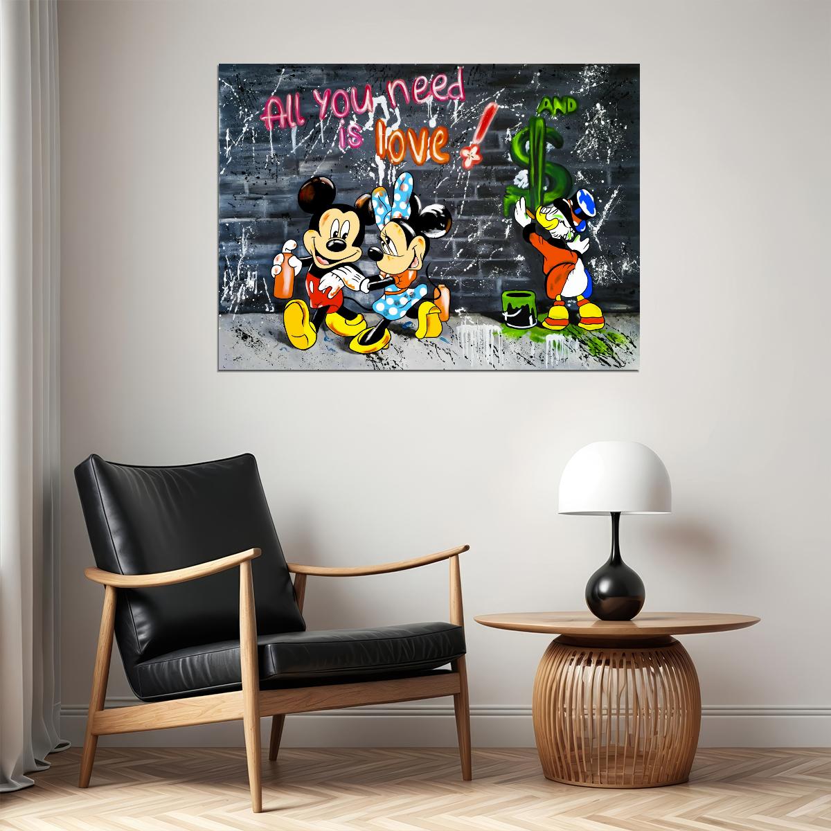 Mickey Mouse All You Need Is Love Graffiti Art Poster Urban Street Wall Decor Bold Cartoon Pop Art Style Wall Print - xonomax