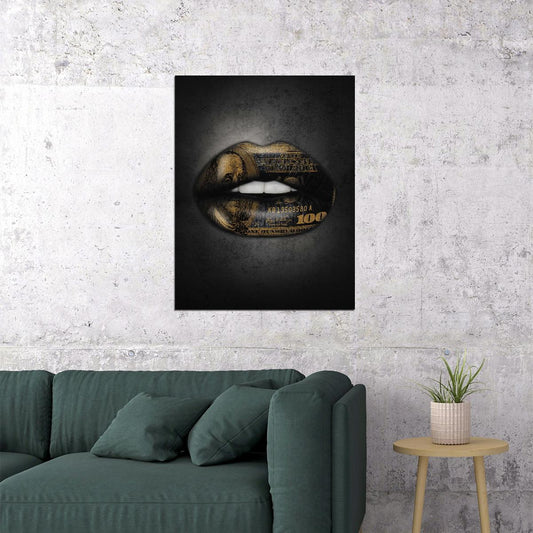 Gold Money Lips Art Poster Luxury Wall Decor Bold Artistic Design Modern Pop Art Style Wall Print - xonomax