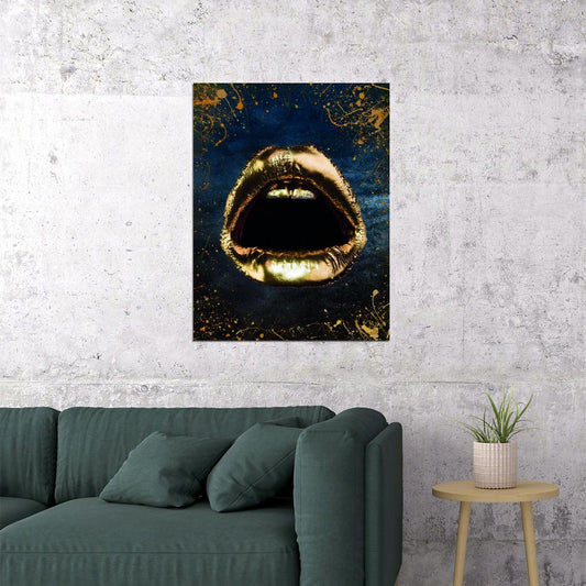 Golden Lips Art Poster Luxury Wall Decor Bold Artistic Modern Style Iconic Designer Wall Print - xonomax